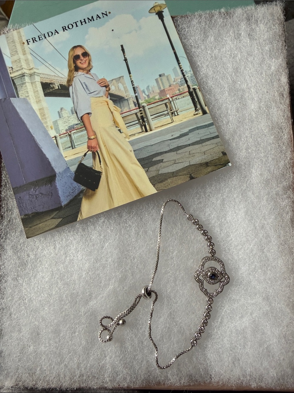 Freida Rothman Vault Silver Hamsa and Evil Eye Bracelet with Blue Center Accent